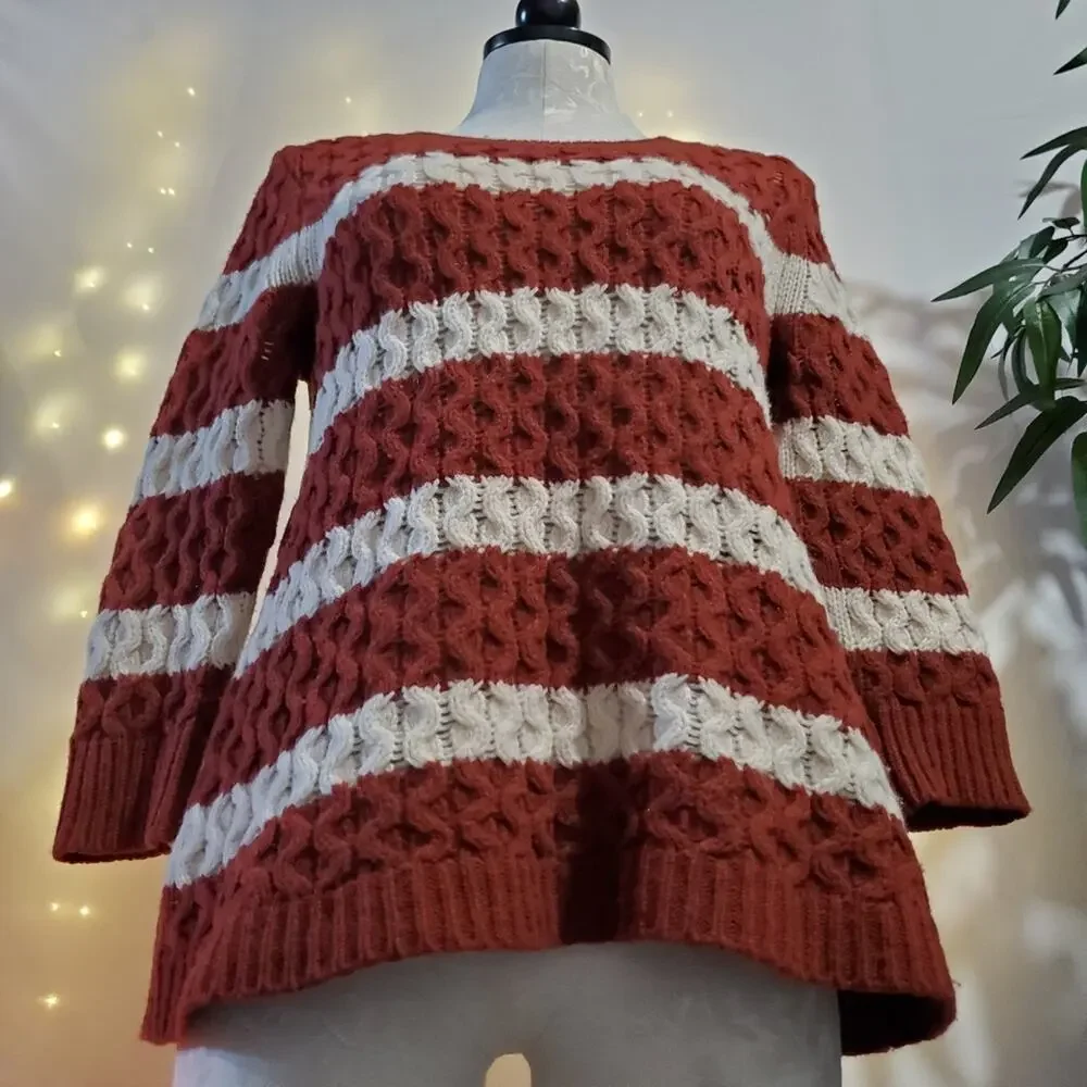 J. Crew 100% Merino Wool Striped Cable Knit Sweater Rust Orange White Women's XS